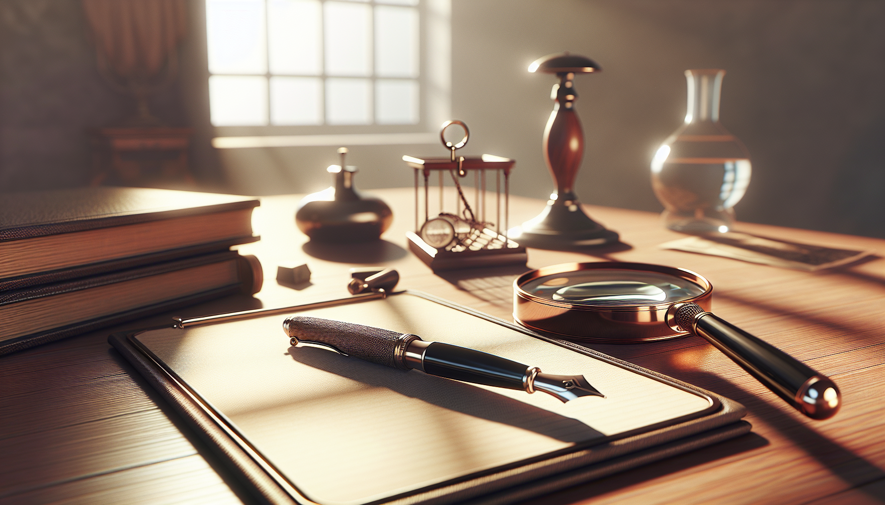 Elegant detective's desk with vintage tools.