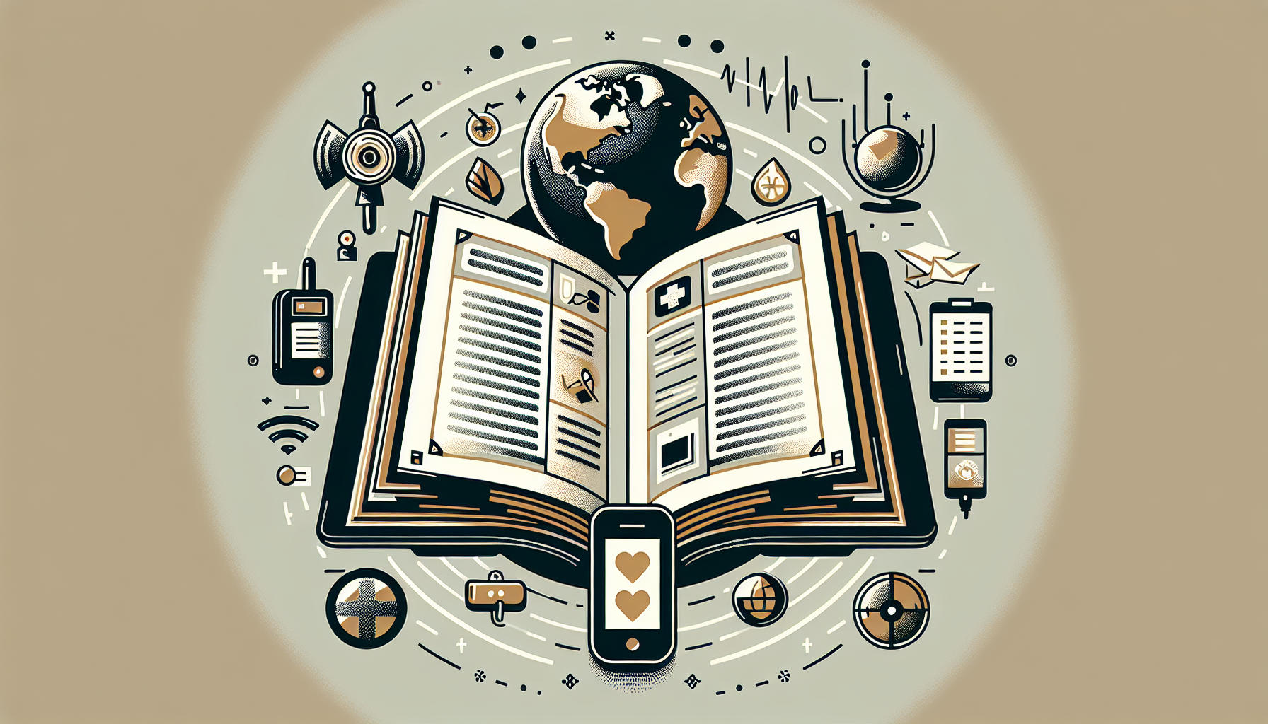 "Open book with humanitarian training resources and symbols."