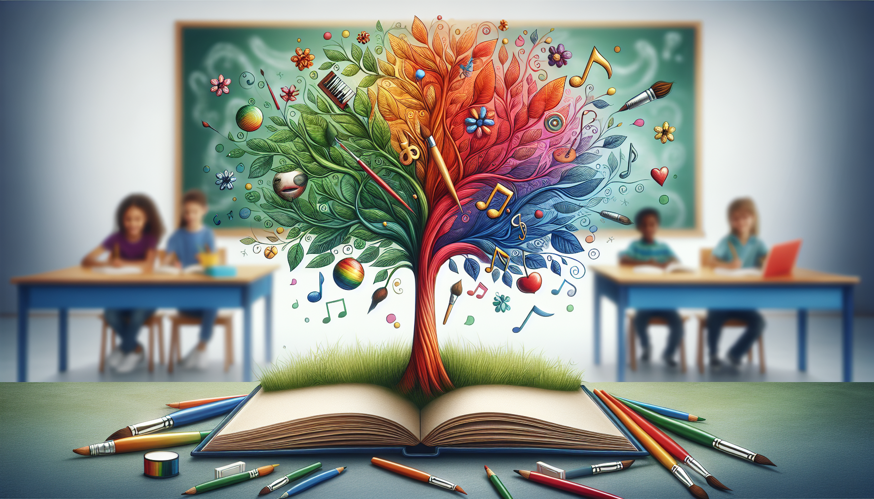 "Tree of creativity growing from an open book."