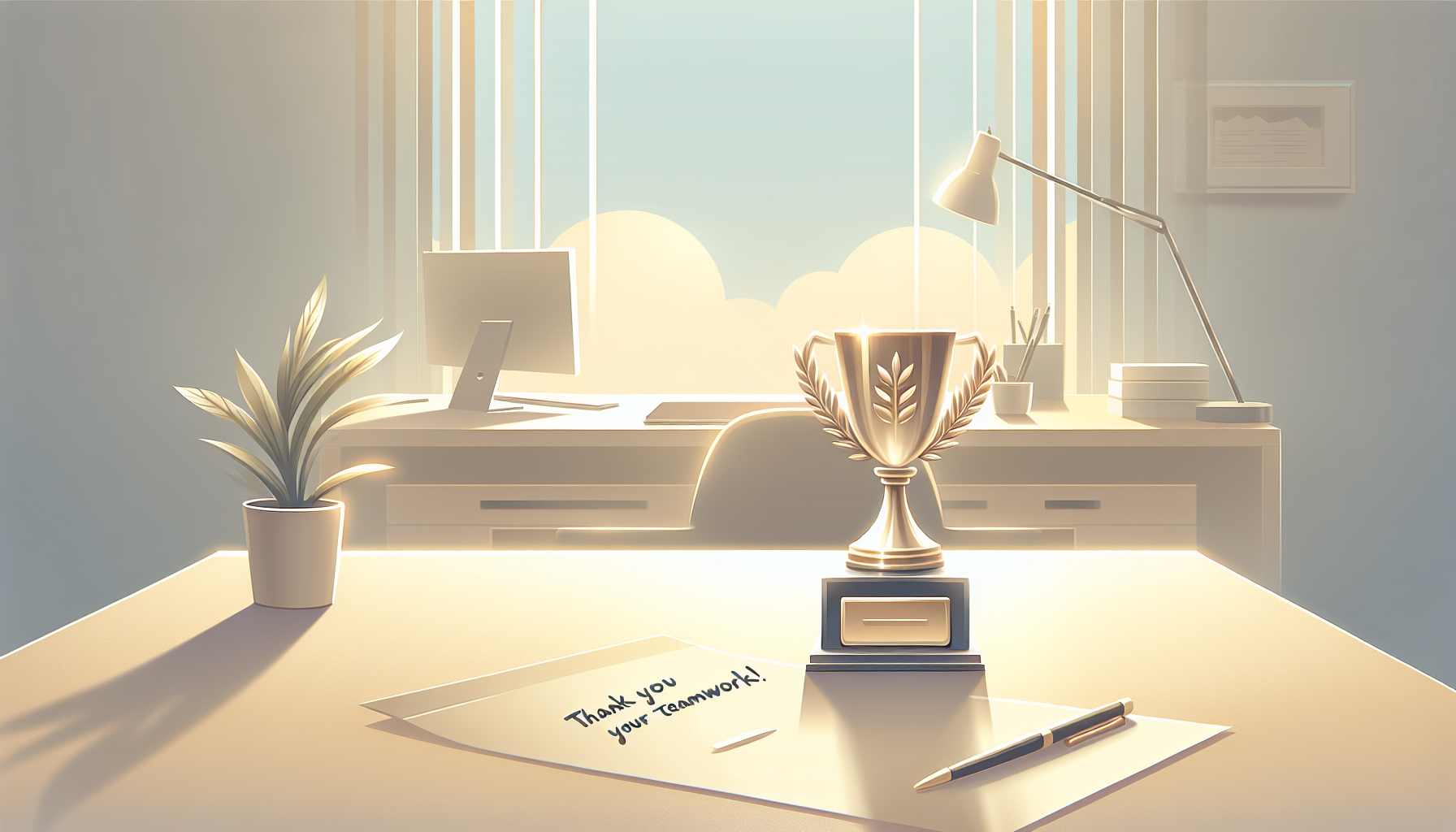 "Trophy and note celebrating teamwork recognition."