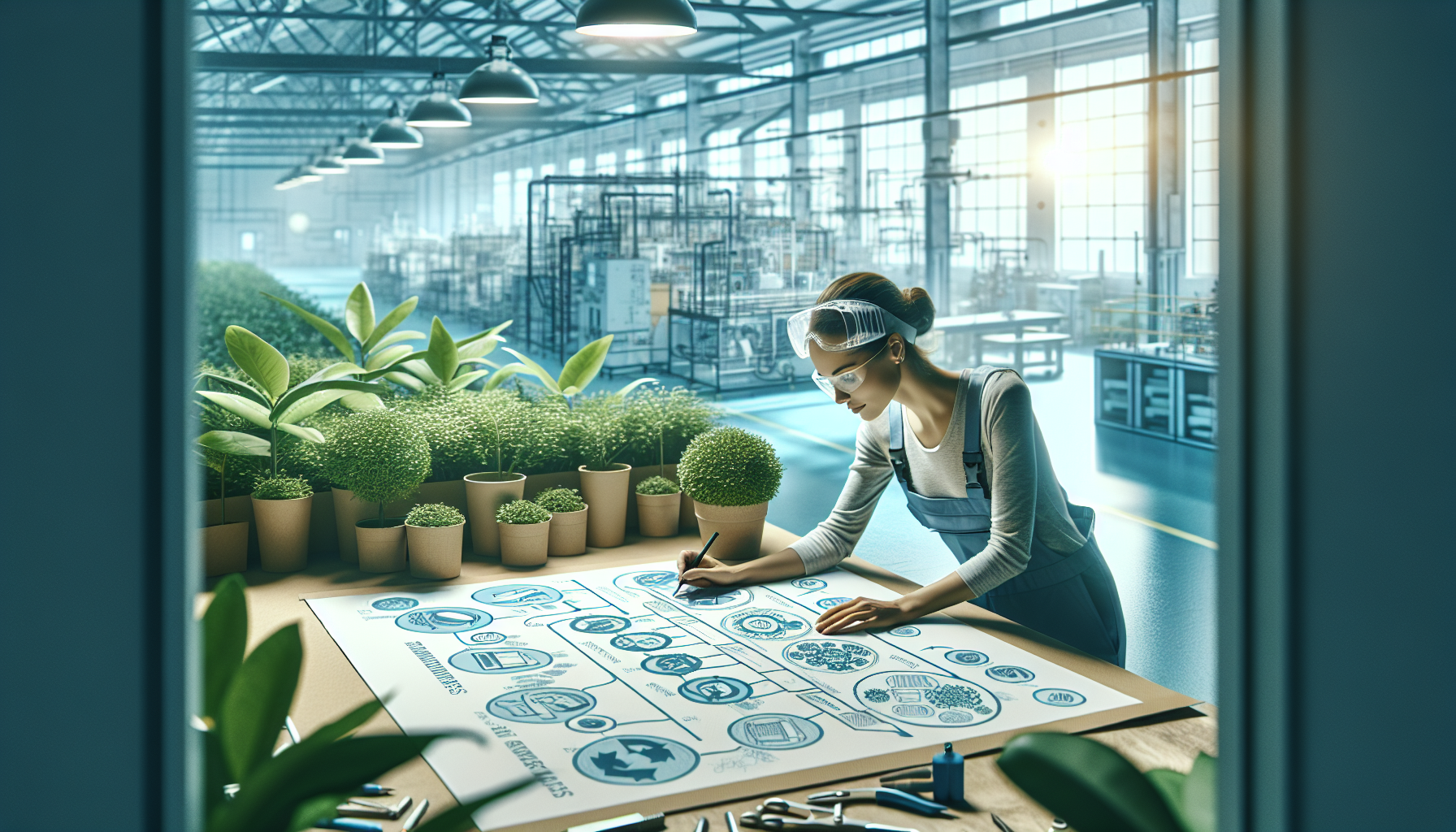 Worker reviewing safety blueprint in eco-friendly workspace.