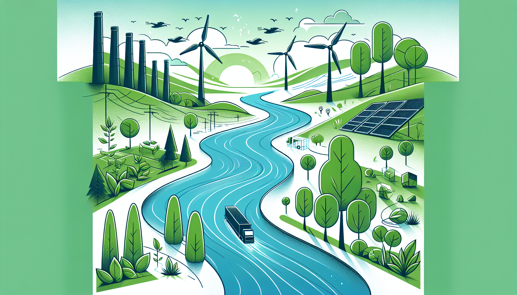 "Serene illustration of eco-friendly supply chain harmony."