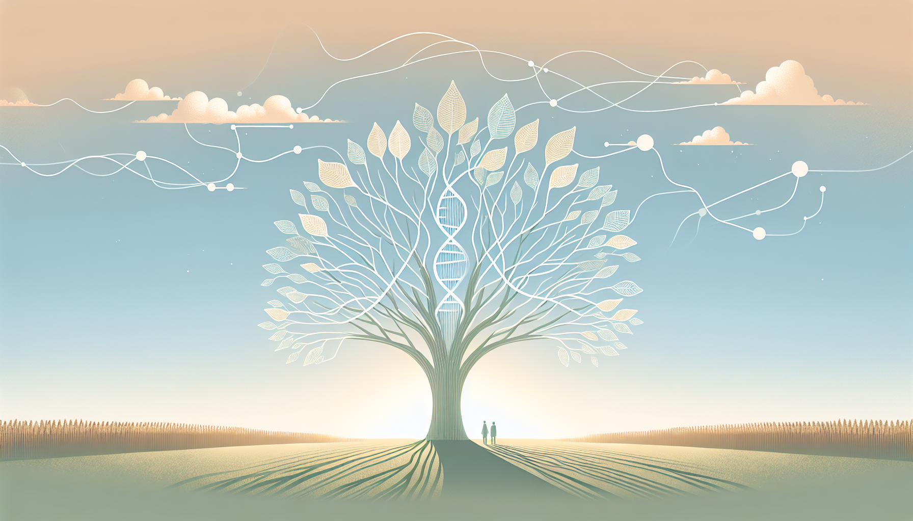 "Tree symbolizing growth with DNA-shaped leaves."