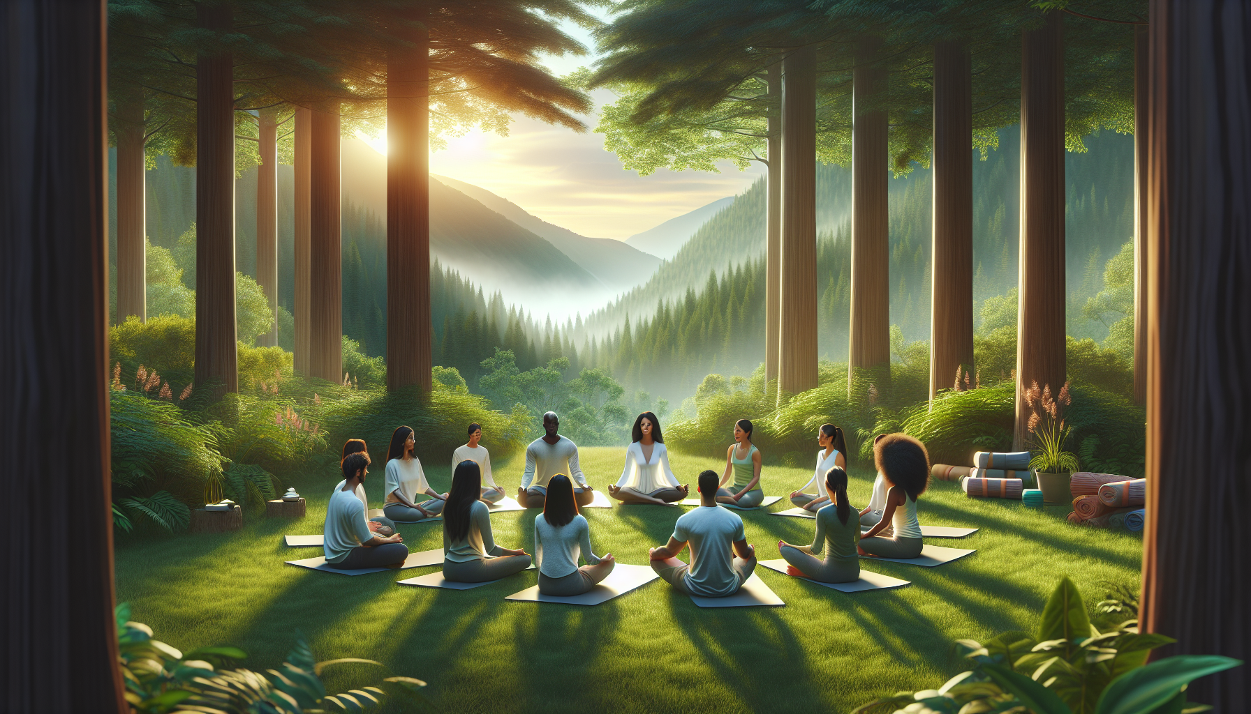 Diverse group discusses wellness in serene nature.