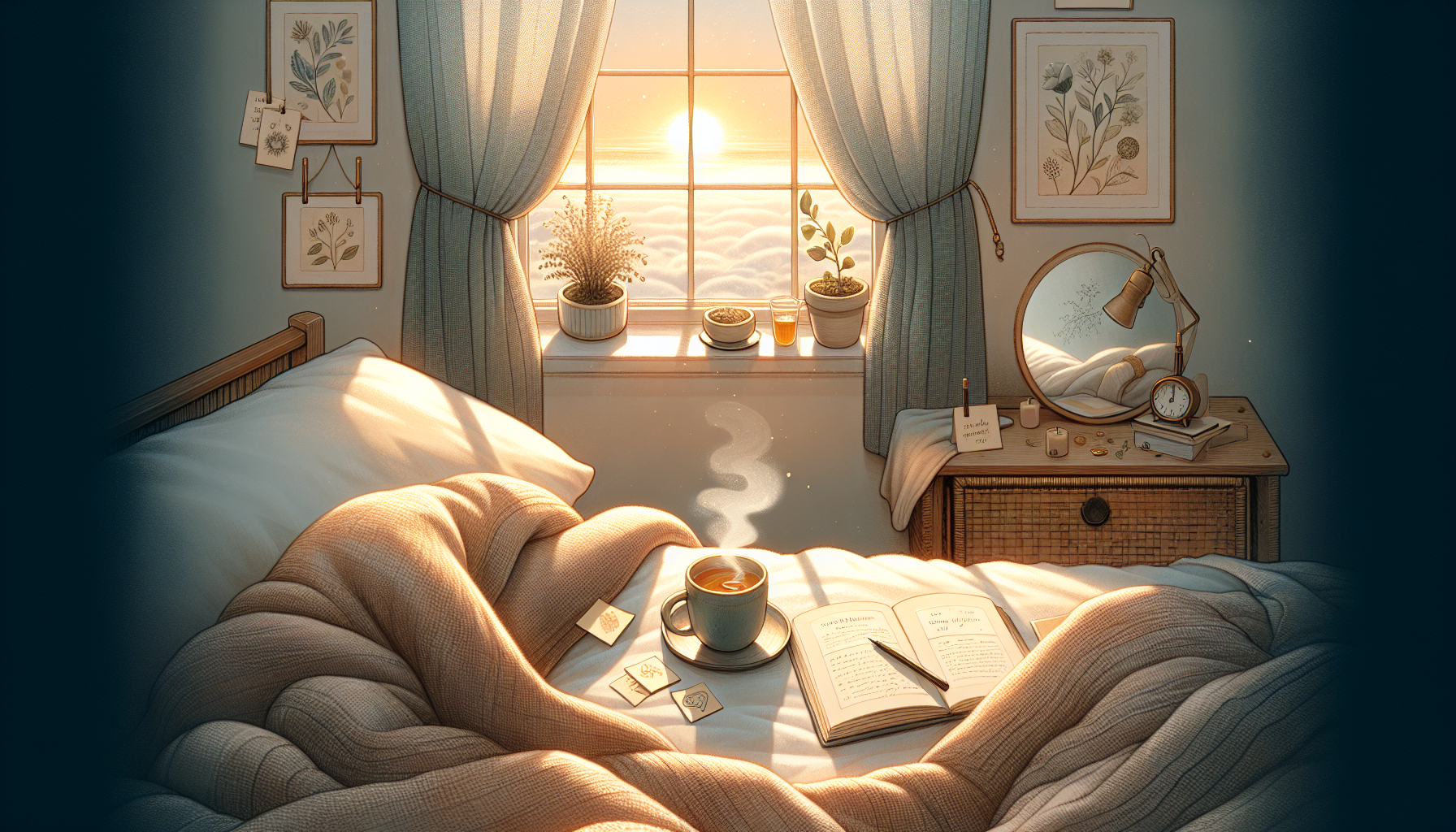 "Peaceful morning scene with gratitude elements."