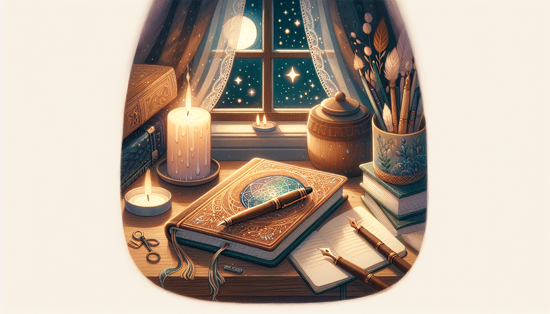 Cozy dream journaling scene with warm ambiance.