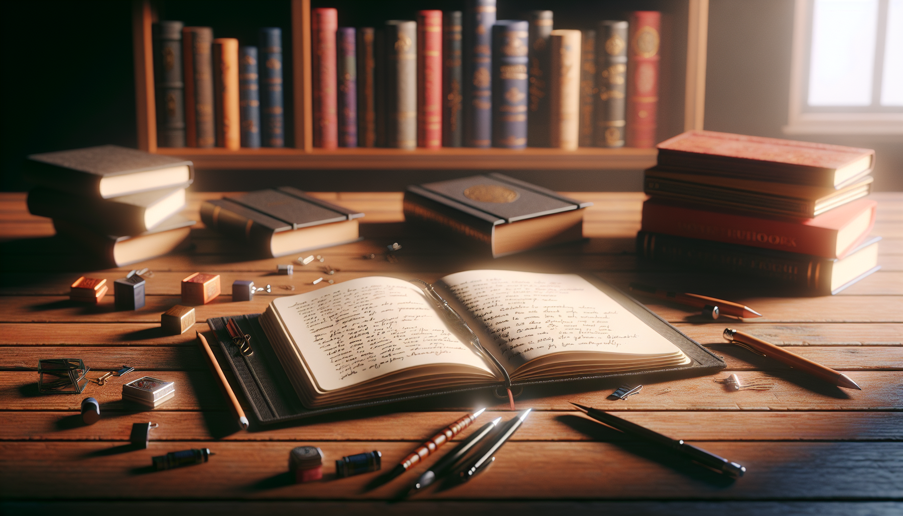 Notebook and writing tools on warm table.