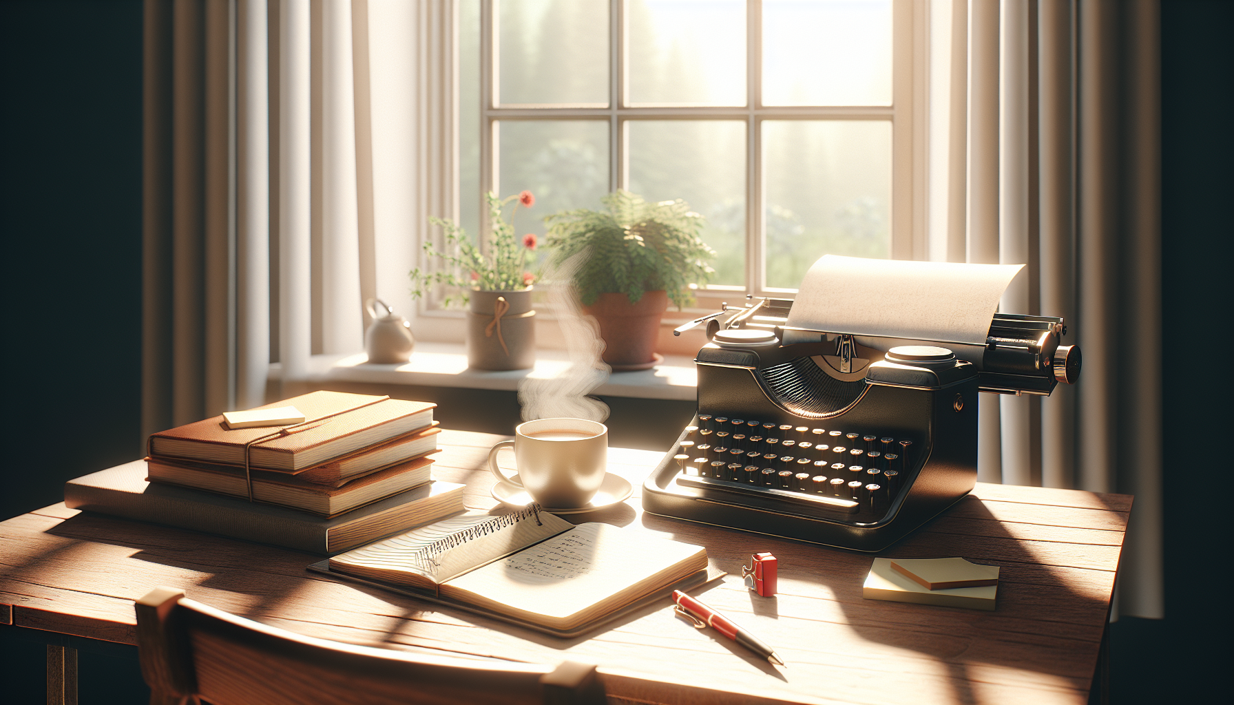 Serene writing desk with coffee and typewriter.