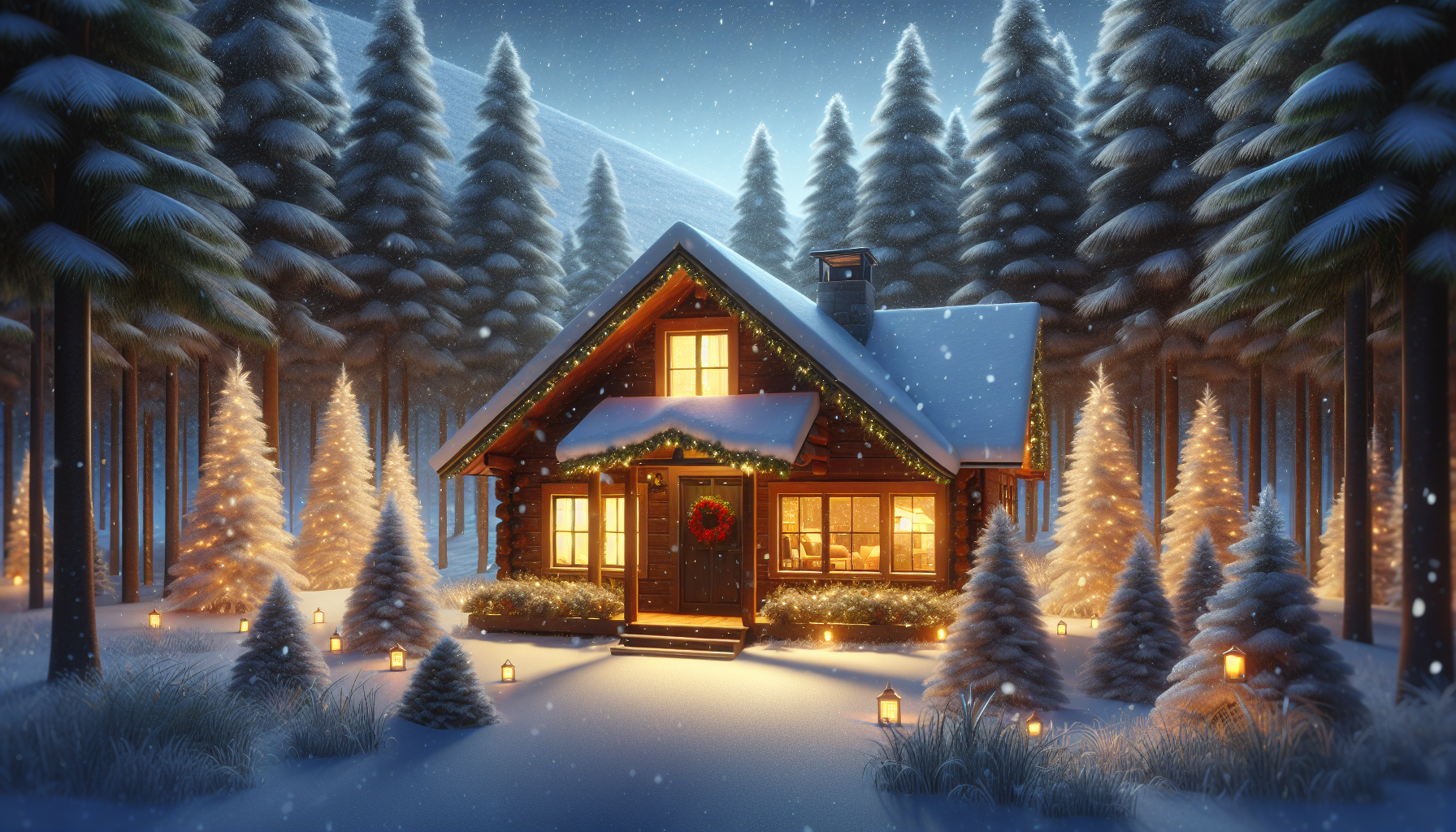 Cozy cabin in snow, warm light glowing.