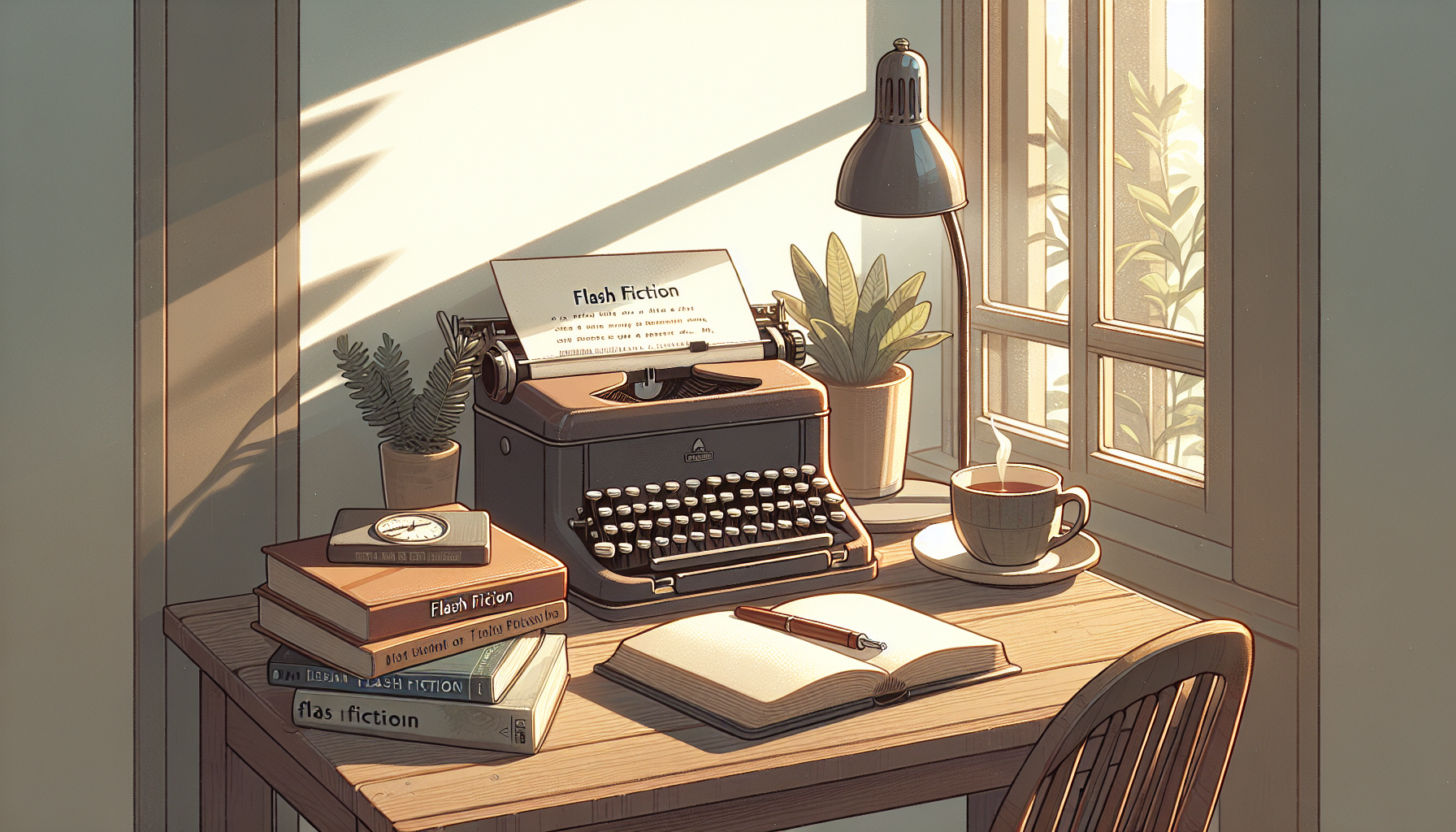 Cozy writing nook with typewriter and tea.