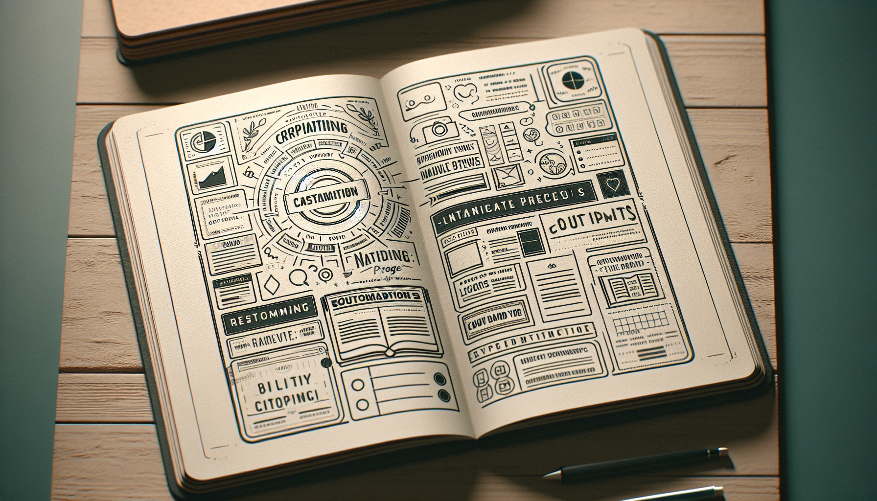 Notebook with creative captions and branding elements.