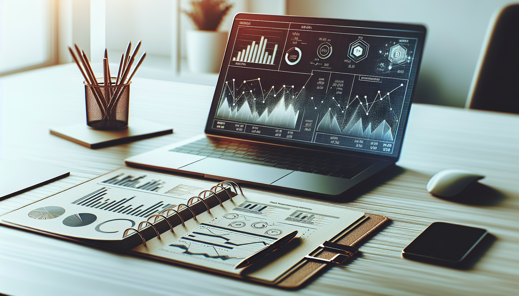 Office desk with financial analysis tools.