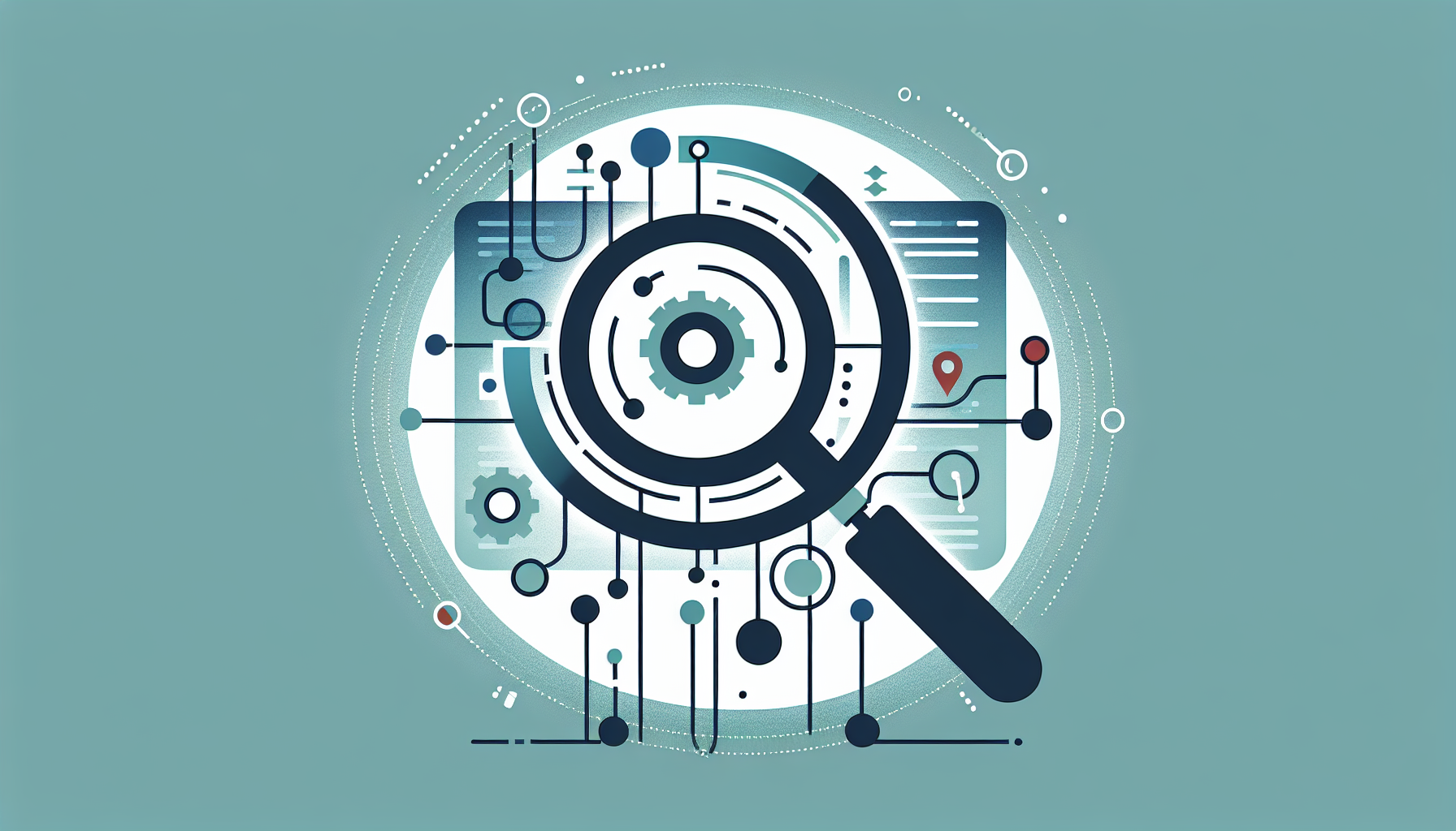 Stylized magnifying glass over digital data network.