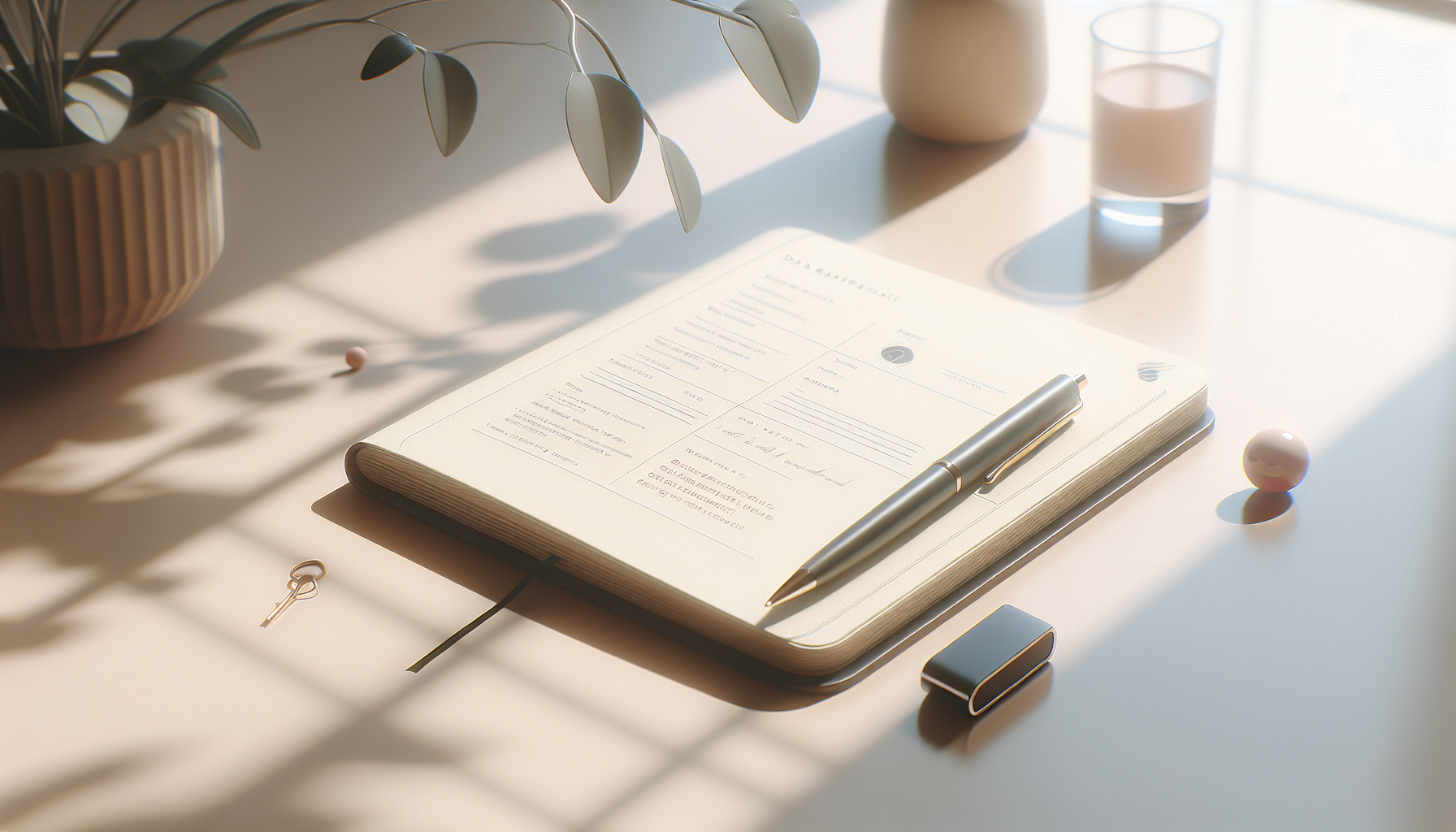 Elegant desk with notebook, pen, and plant.