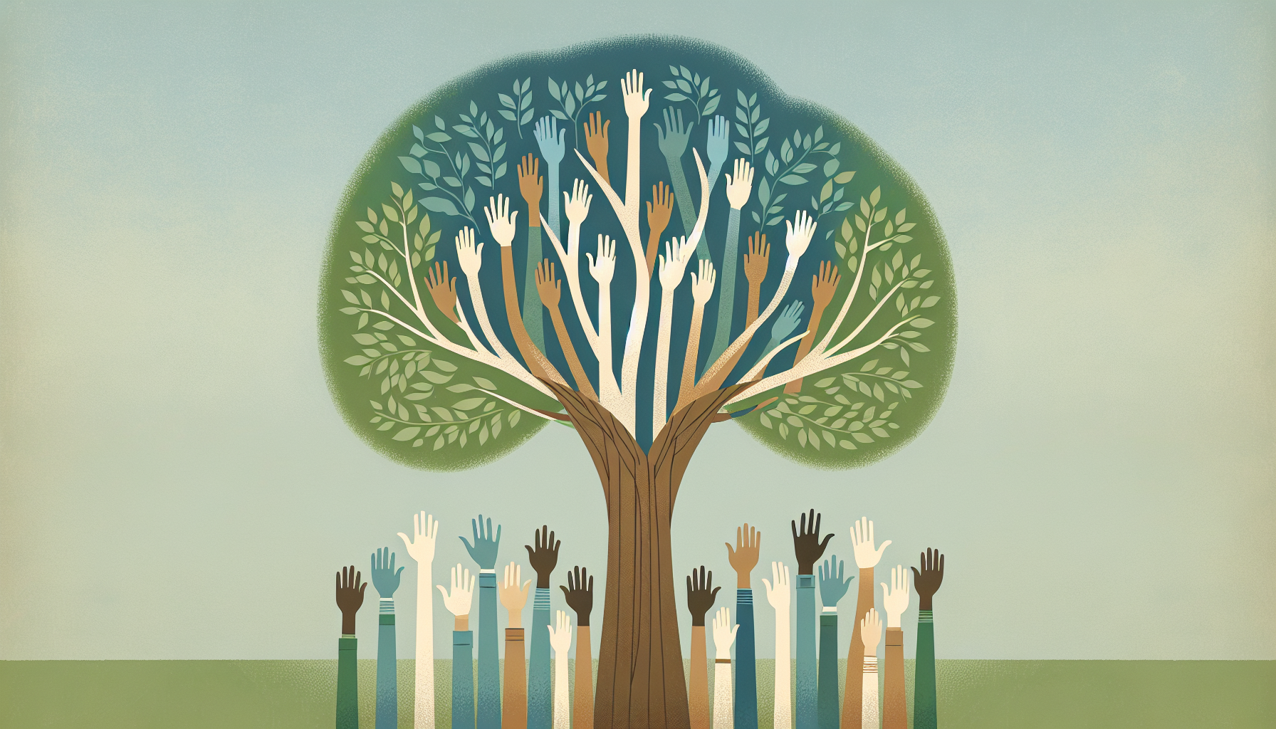 Symbolic tree with diverse hands, representing community support.