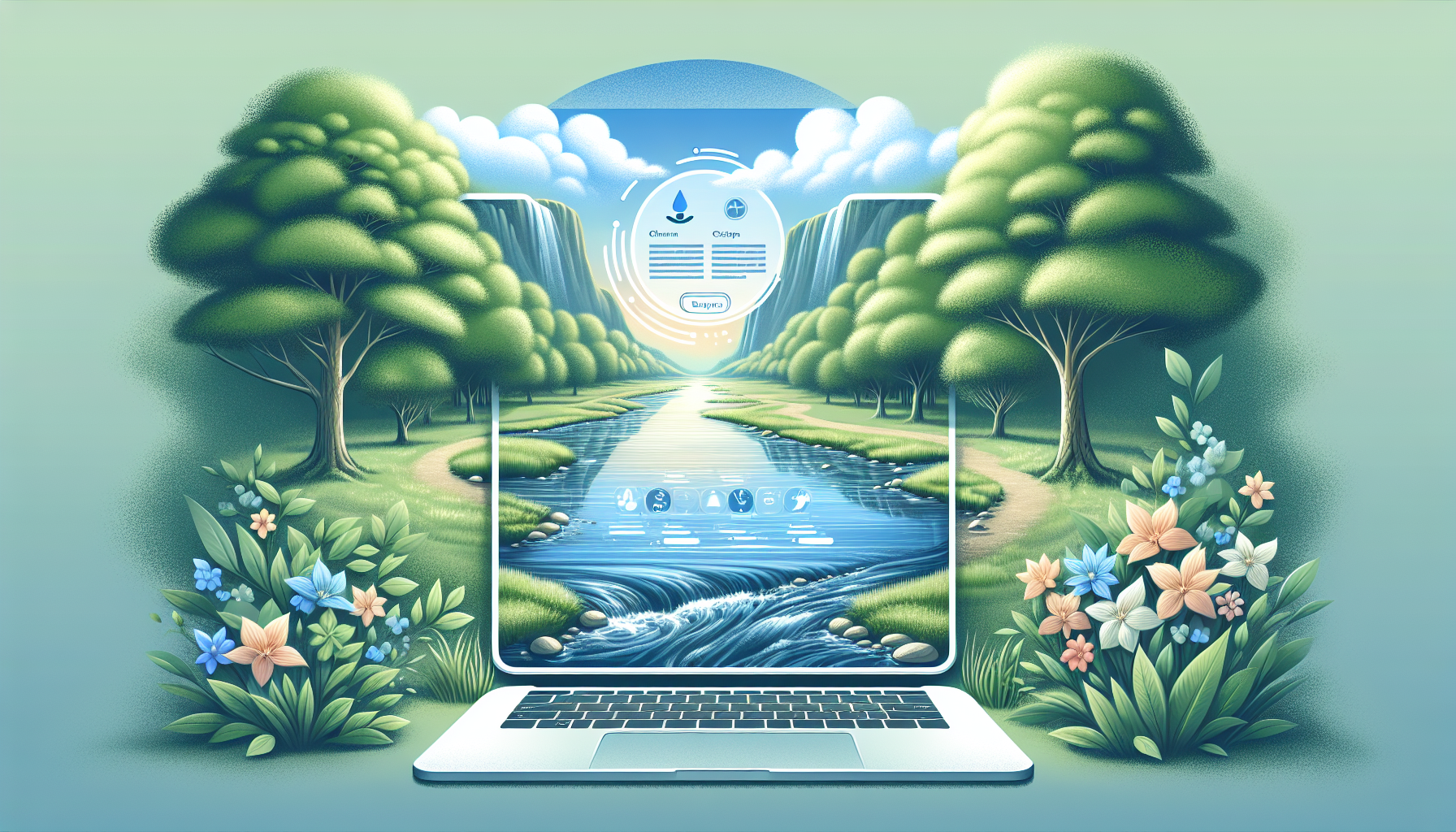 "AI promotes water conservation in a serene landscape."