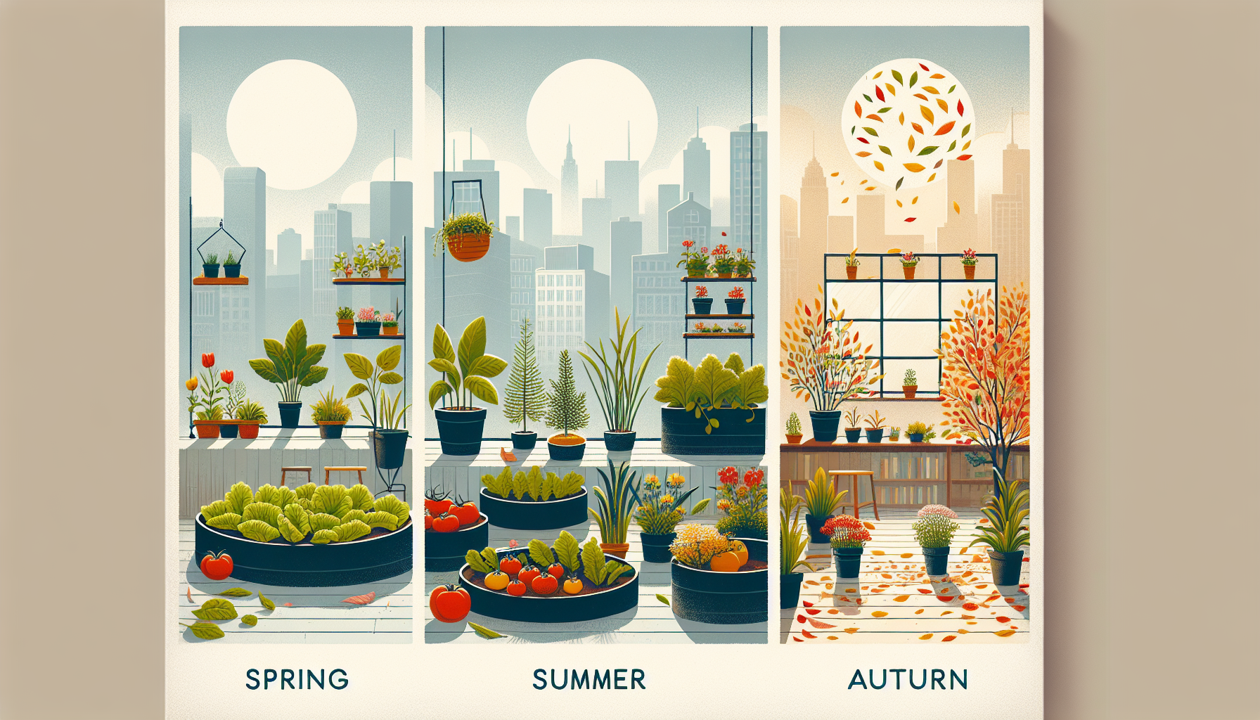 "Urban garden showcasing four seasonal changes."