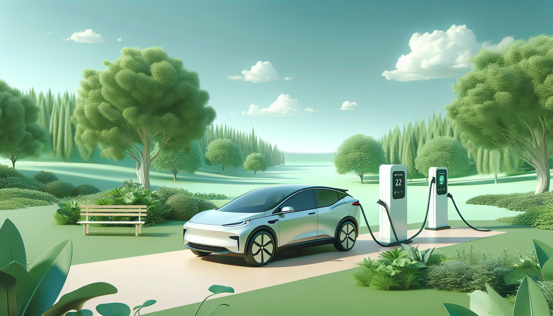 Electric vehicle in a serene, eco-friendly setting.