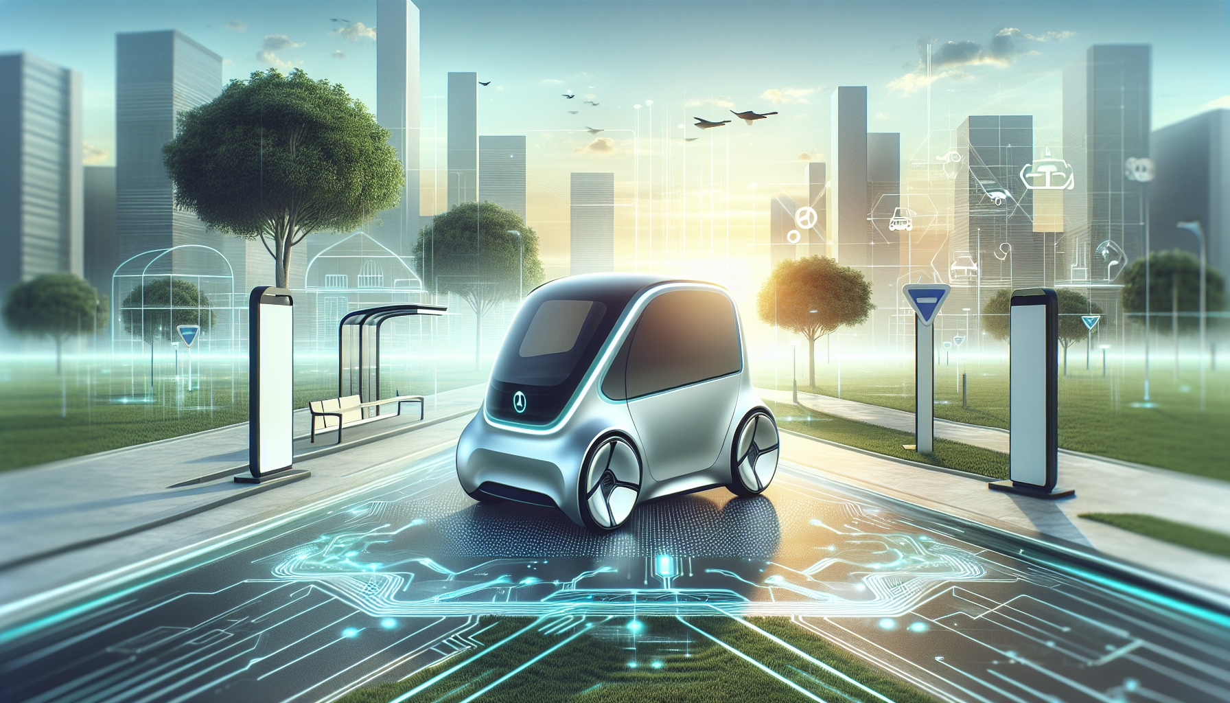 Futuristic autonomous vehicle in smart urban environment.