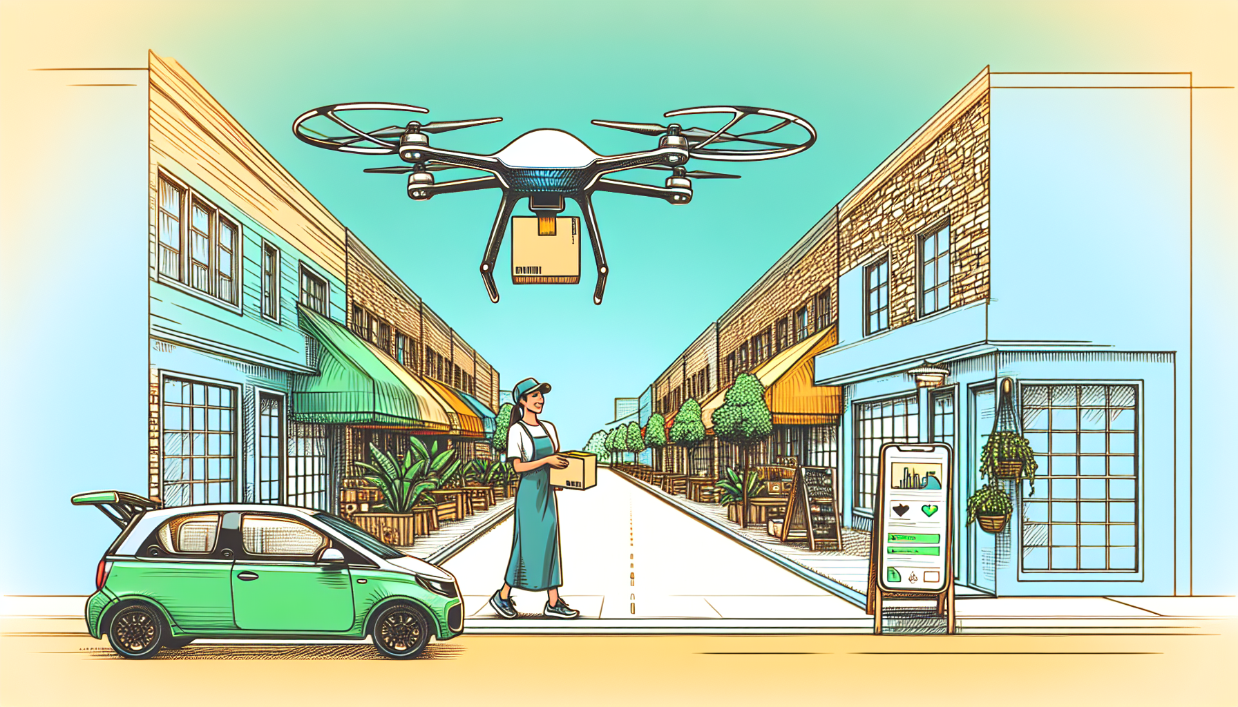 Drone delivering package to smiling business owner.