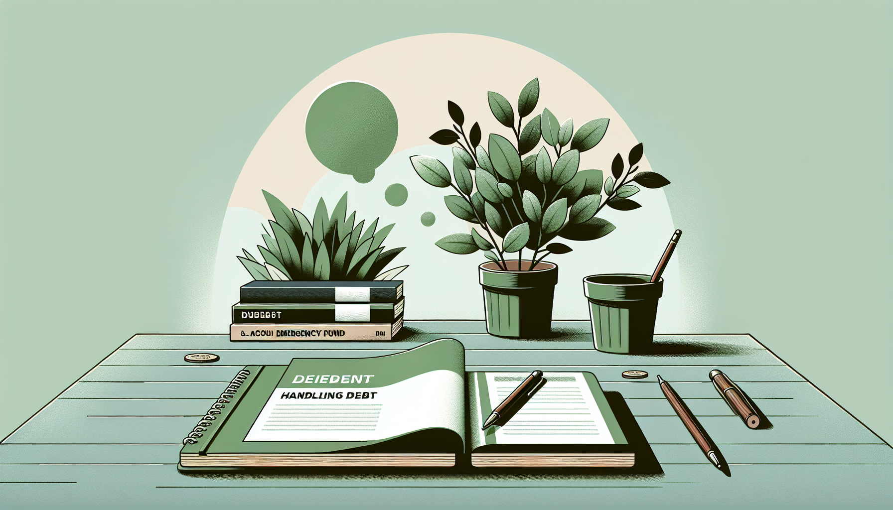 Illustration of financial planning with notebook and plant.