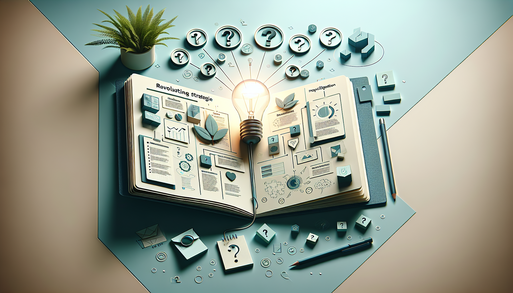 "Notebook and light bulb symbolizing business innovation."