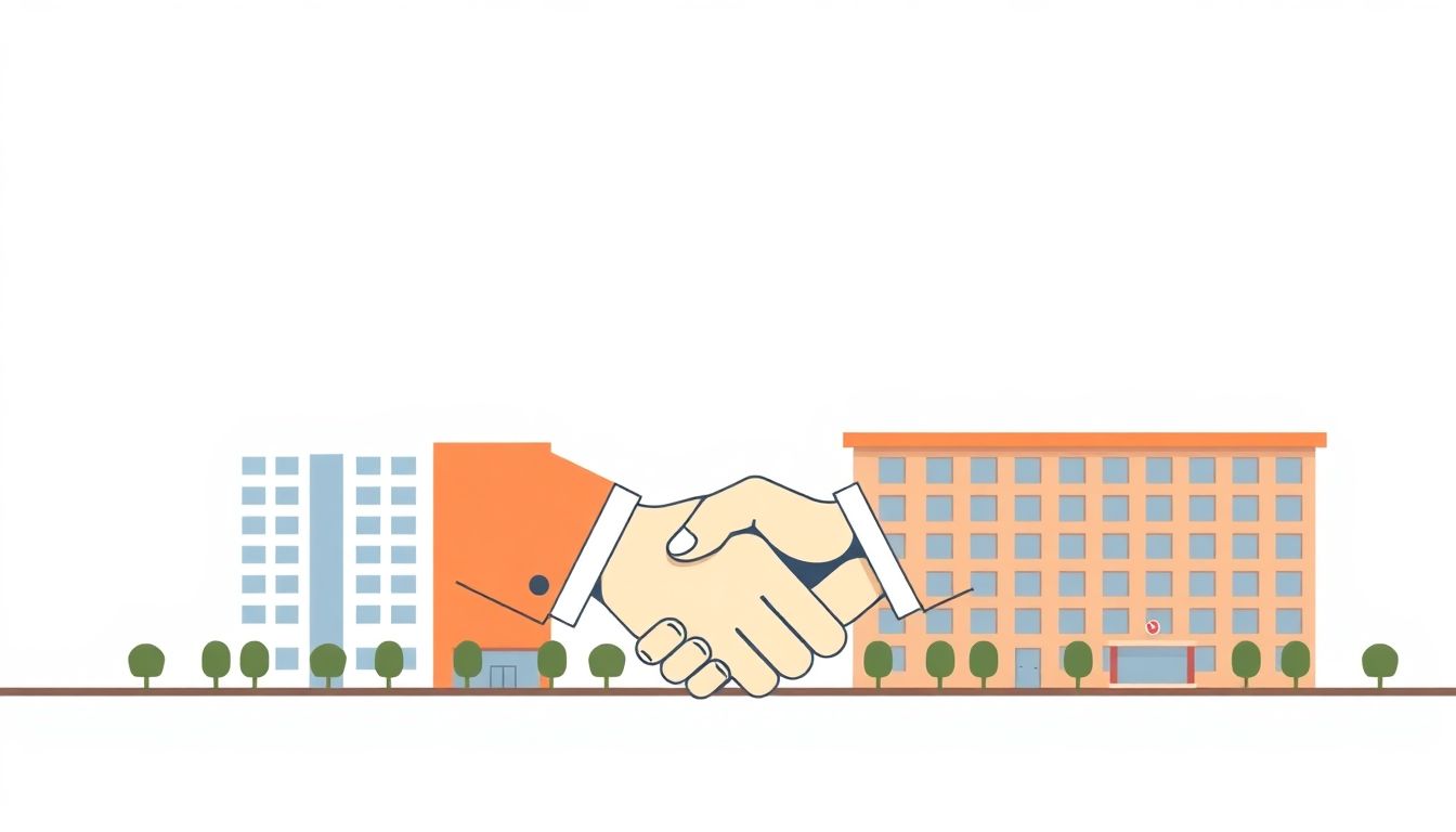 Stylized buildings merging with a handshake symbolizing collaboration.