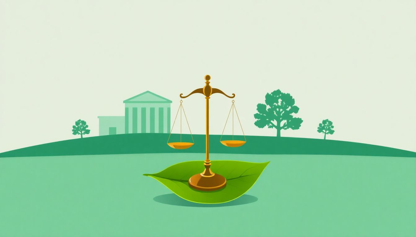 Justice scale on green leaf symbolizes environmental law.