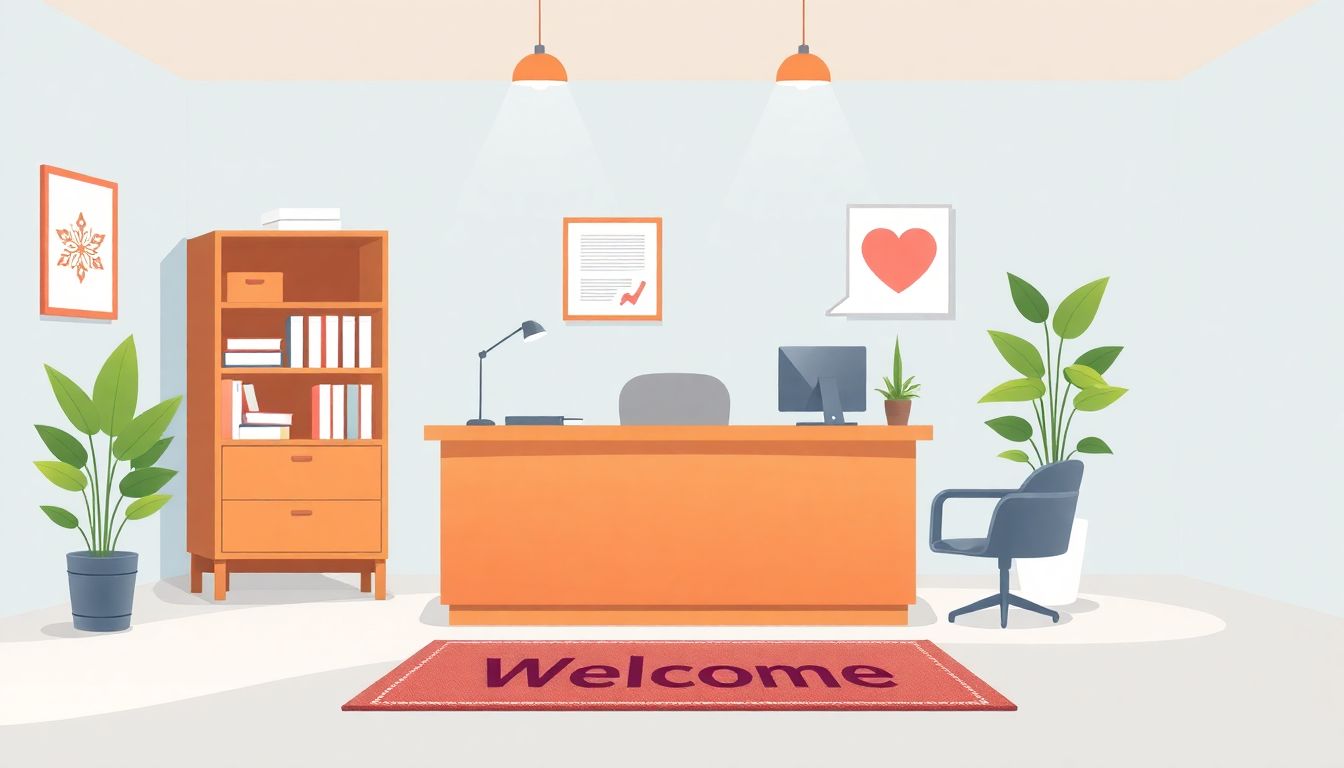 "Harmonious office scene promoting communication and care."