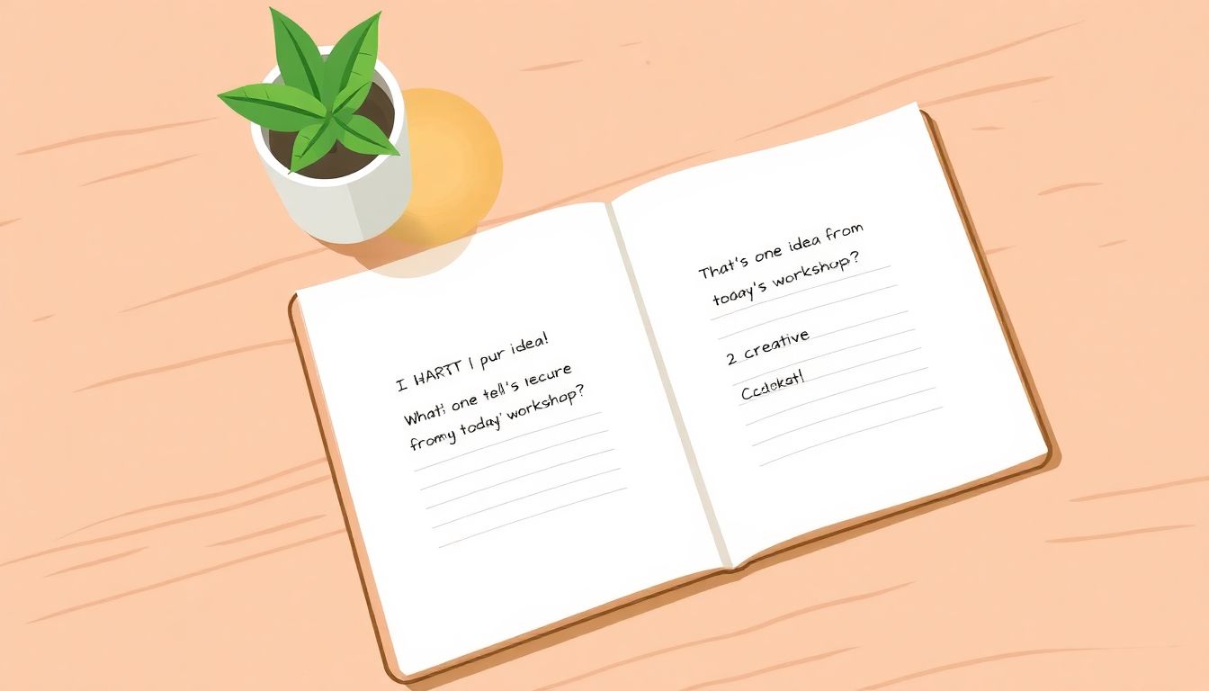 Open notebook with creative prompts and plant.