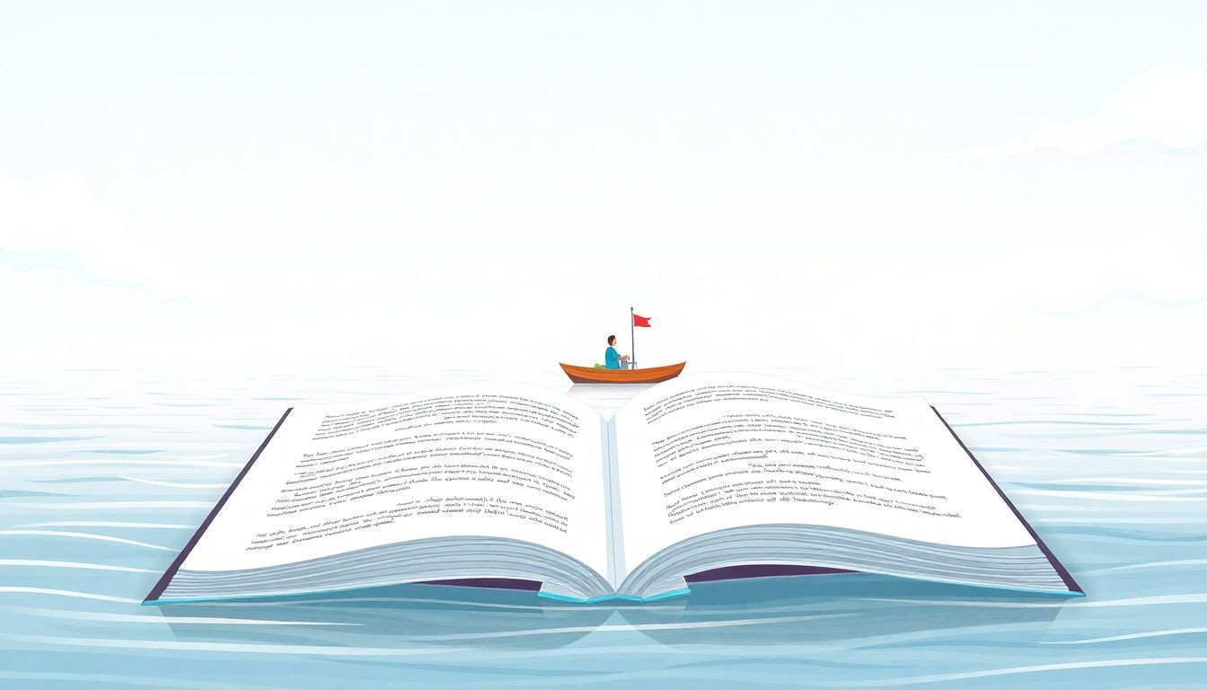 Boat navigating calm waters with guidance book.