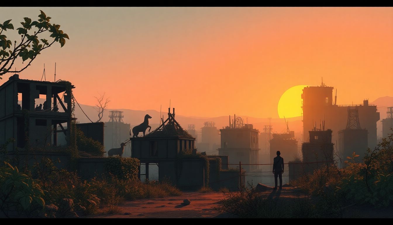 Lone figure in overgrown, haunting urban landscape.