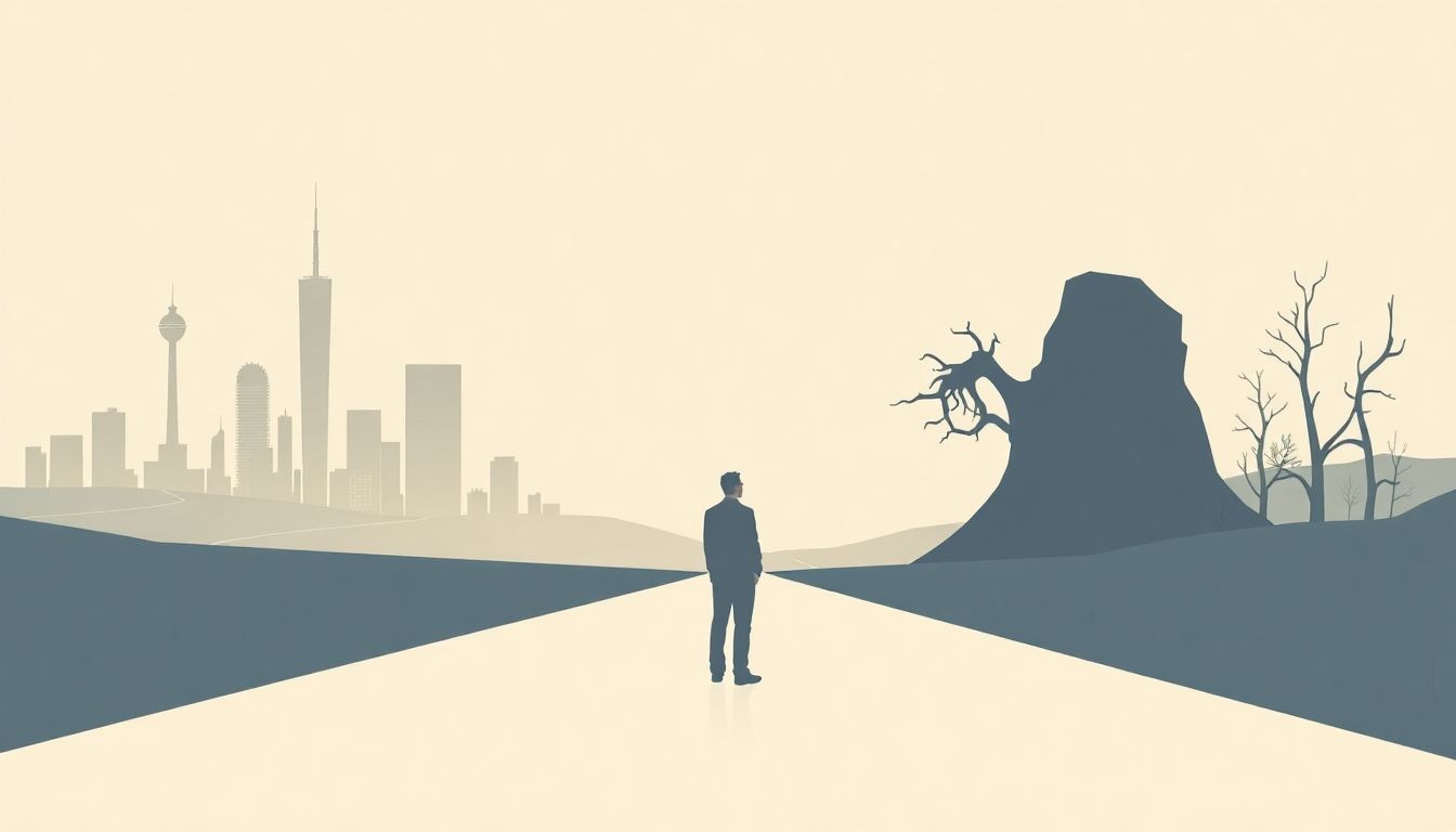 "Fork in the road symbolizes divergent futures."
