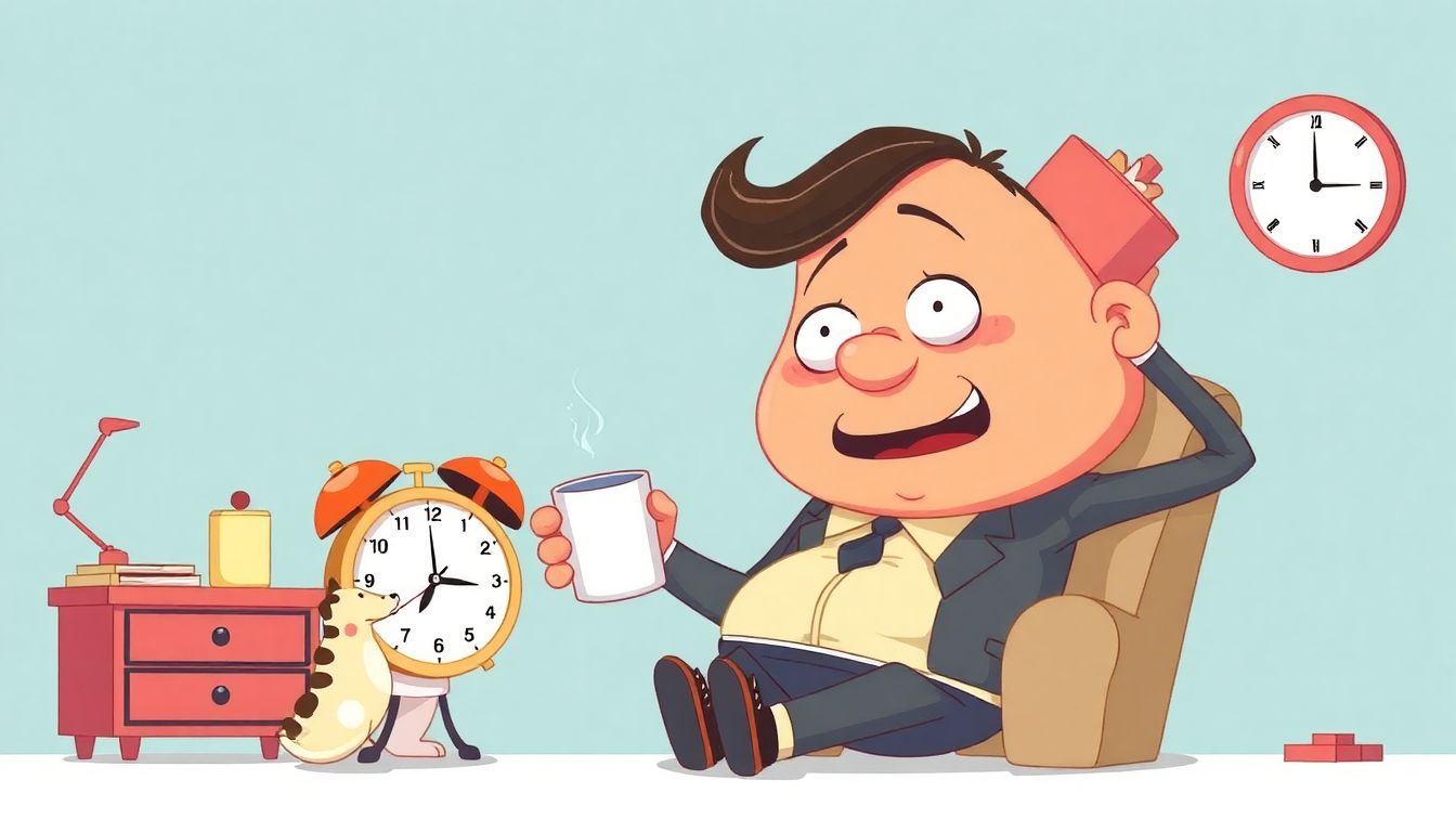 Exaggerated character humorously starting their day.