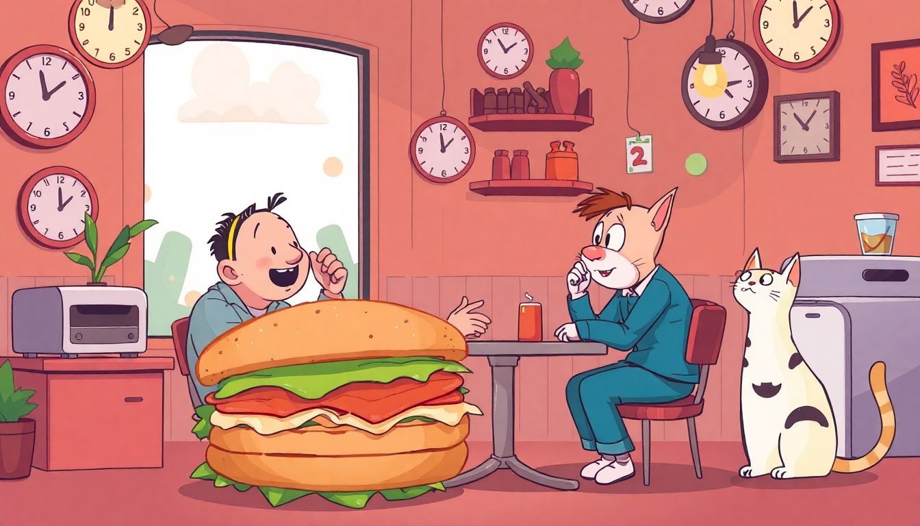 Friends converse absurdly in a whimsical café.