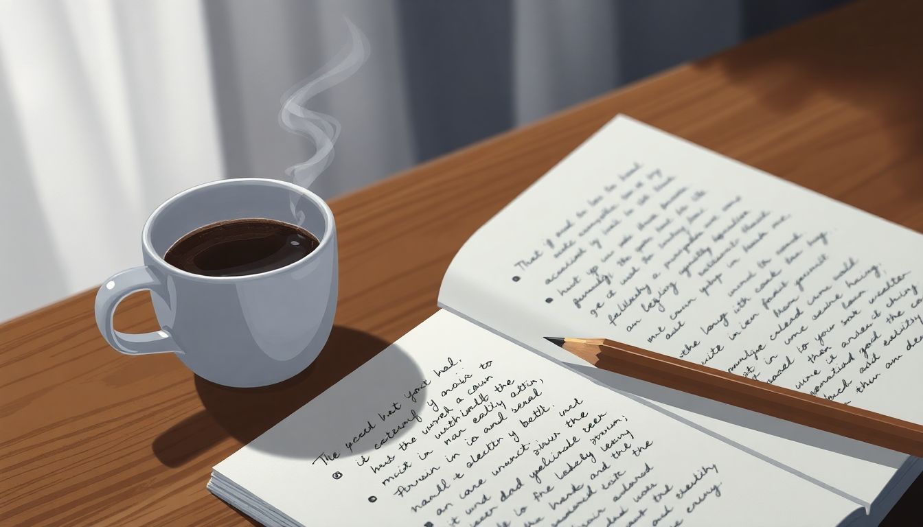 Workspace with notes, coffee, and creative focus.