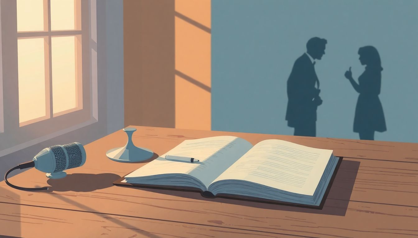 "Songwriting dialogue with notebook and microphone."