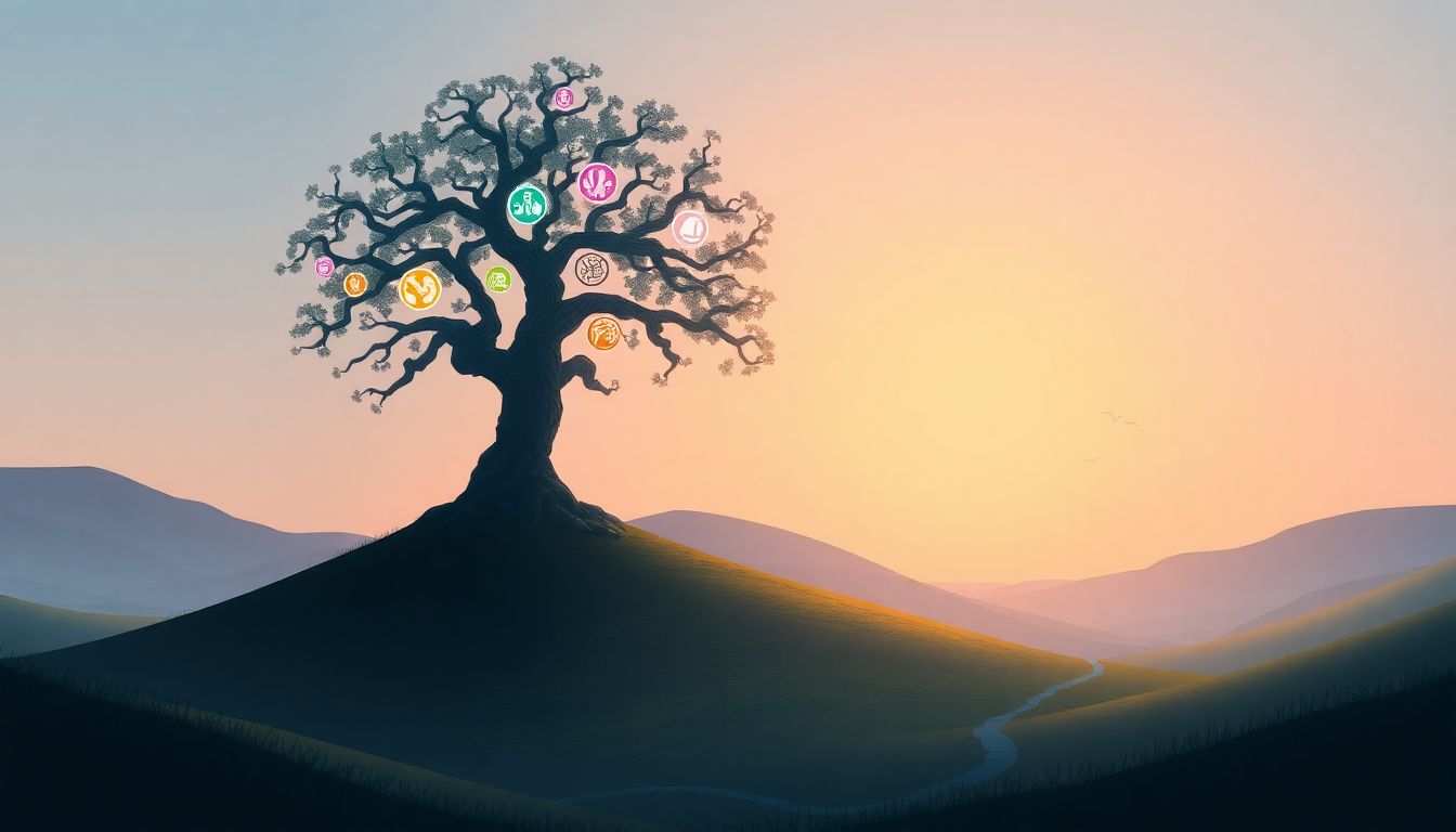 Mystical game universe with ancient tree and symbols.