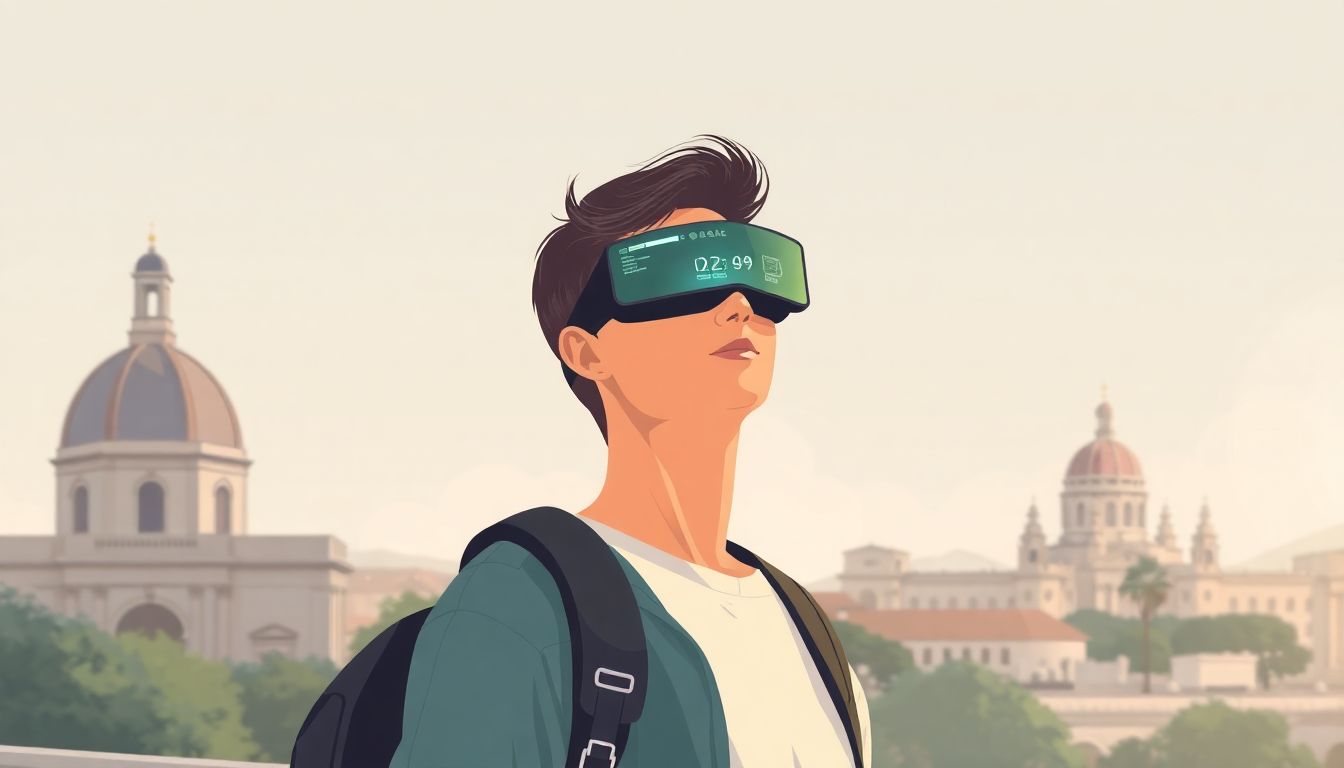 Traveler in augmented reality exploring historic city.