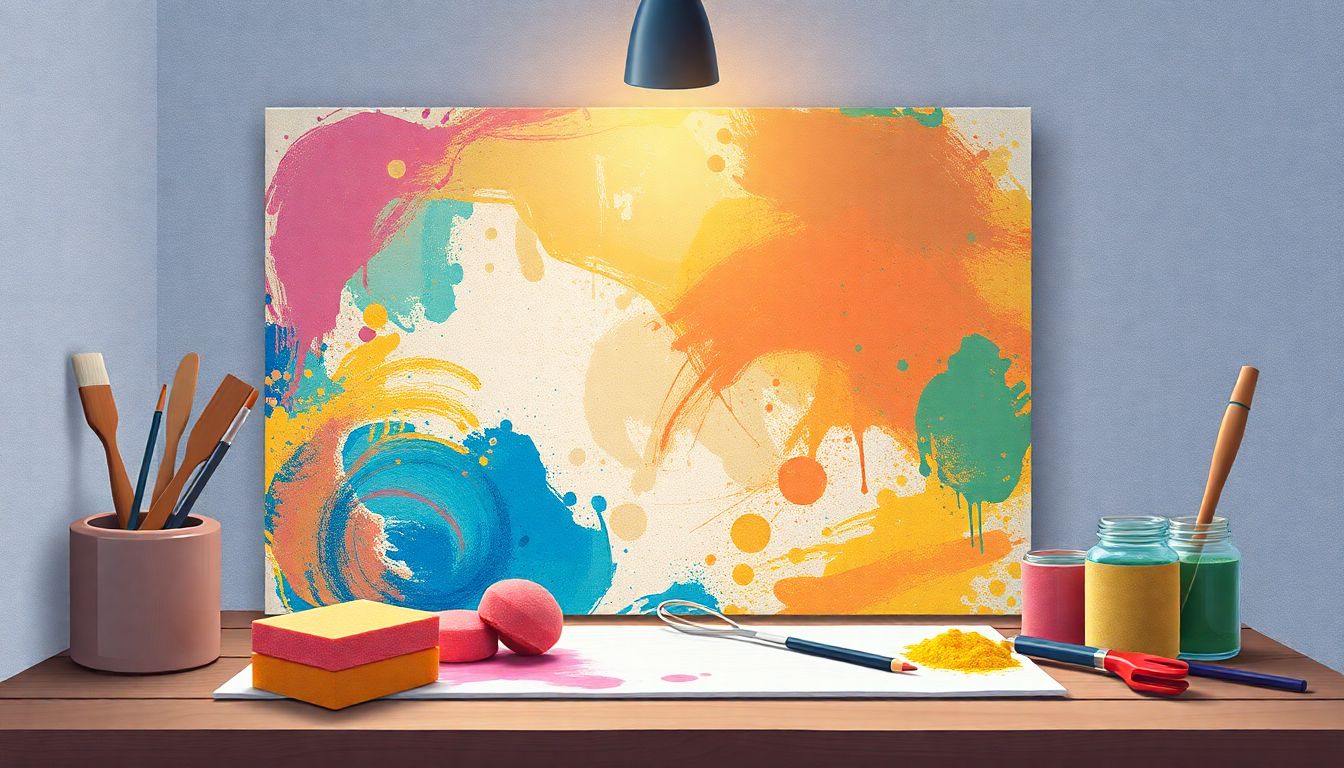 Artistic workspace showcasing vibrant mixed media tools.