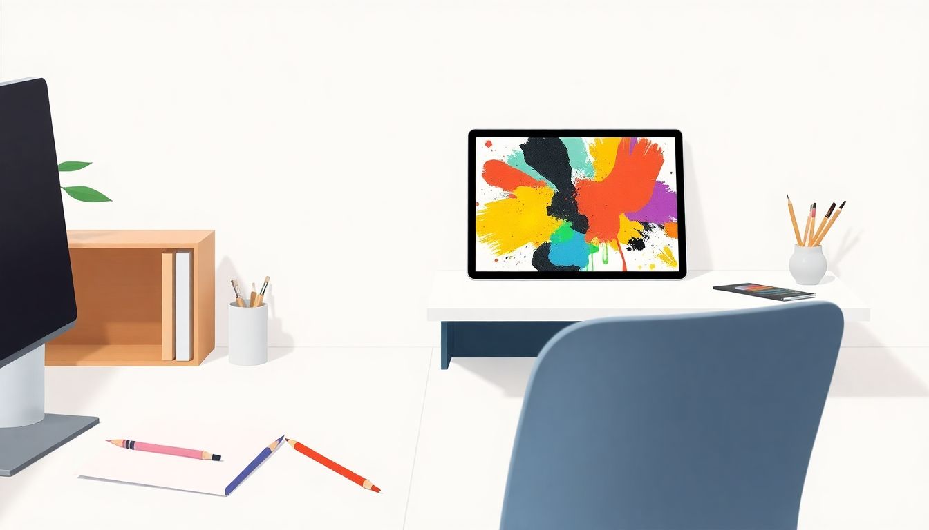 Artistic workspace for digital collage creation.