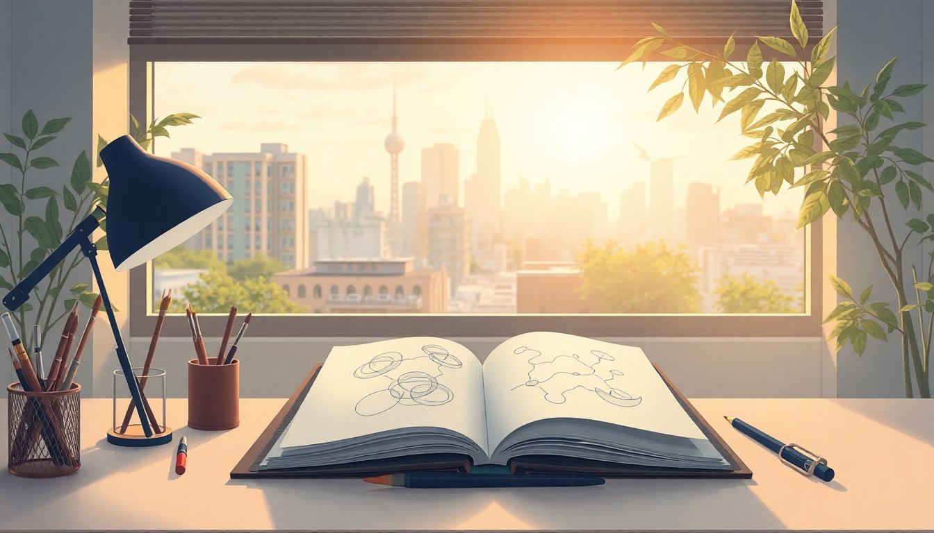 Artist's workspace blending nature and urban elements.