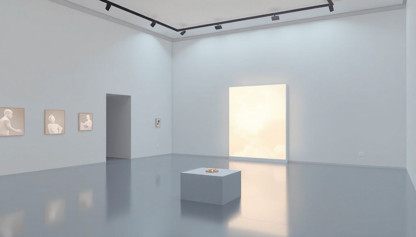 Minimalist art installation with glowing digital elements.