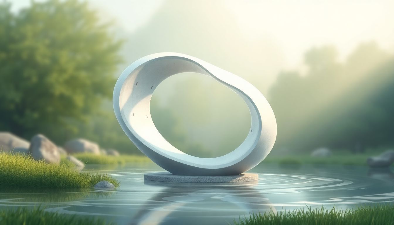 Abstract sculpture in a tranquil natural setting.
