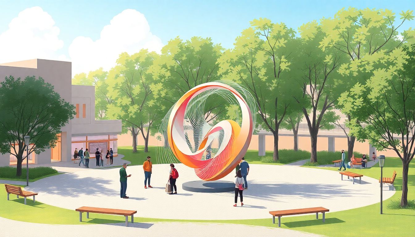 Serene community space with a large kinetic sculpture.