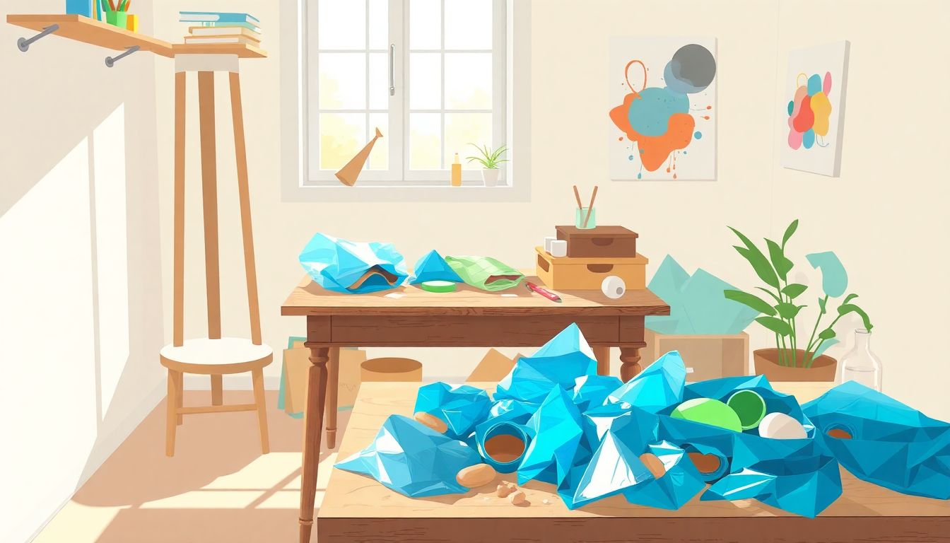 Serene art studio with colorful recycled materials.