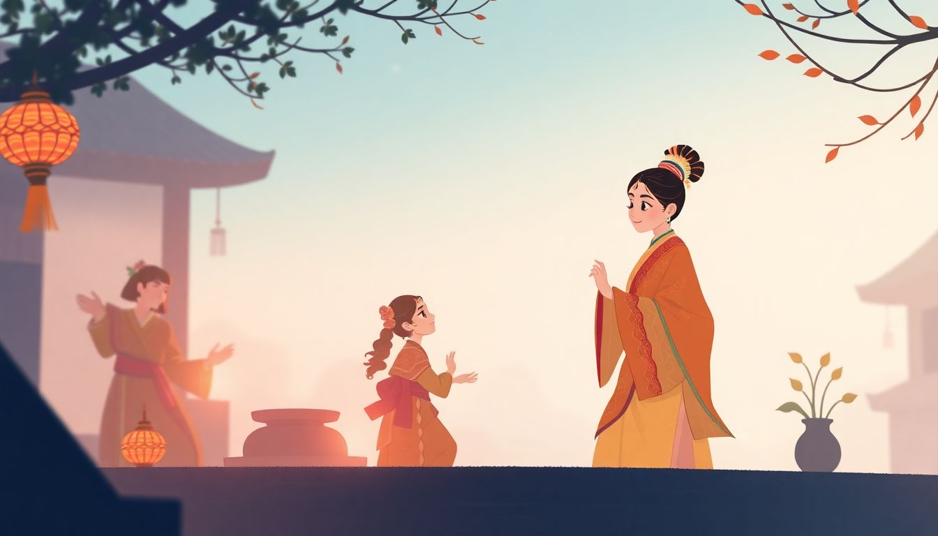 Cultural storyteller in traditional attire, serene atmosphere.