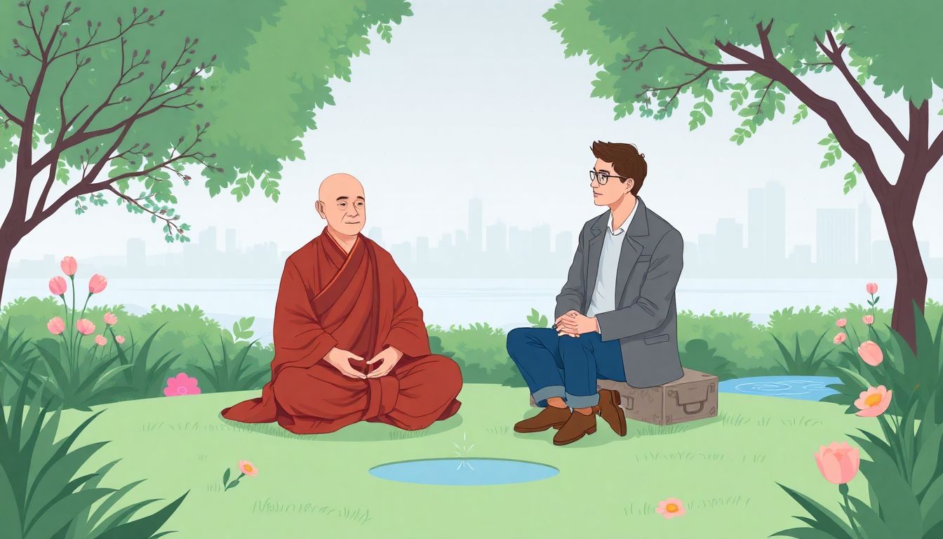 Monk and psychologist share a peaceful, mindful moment.