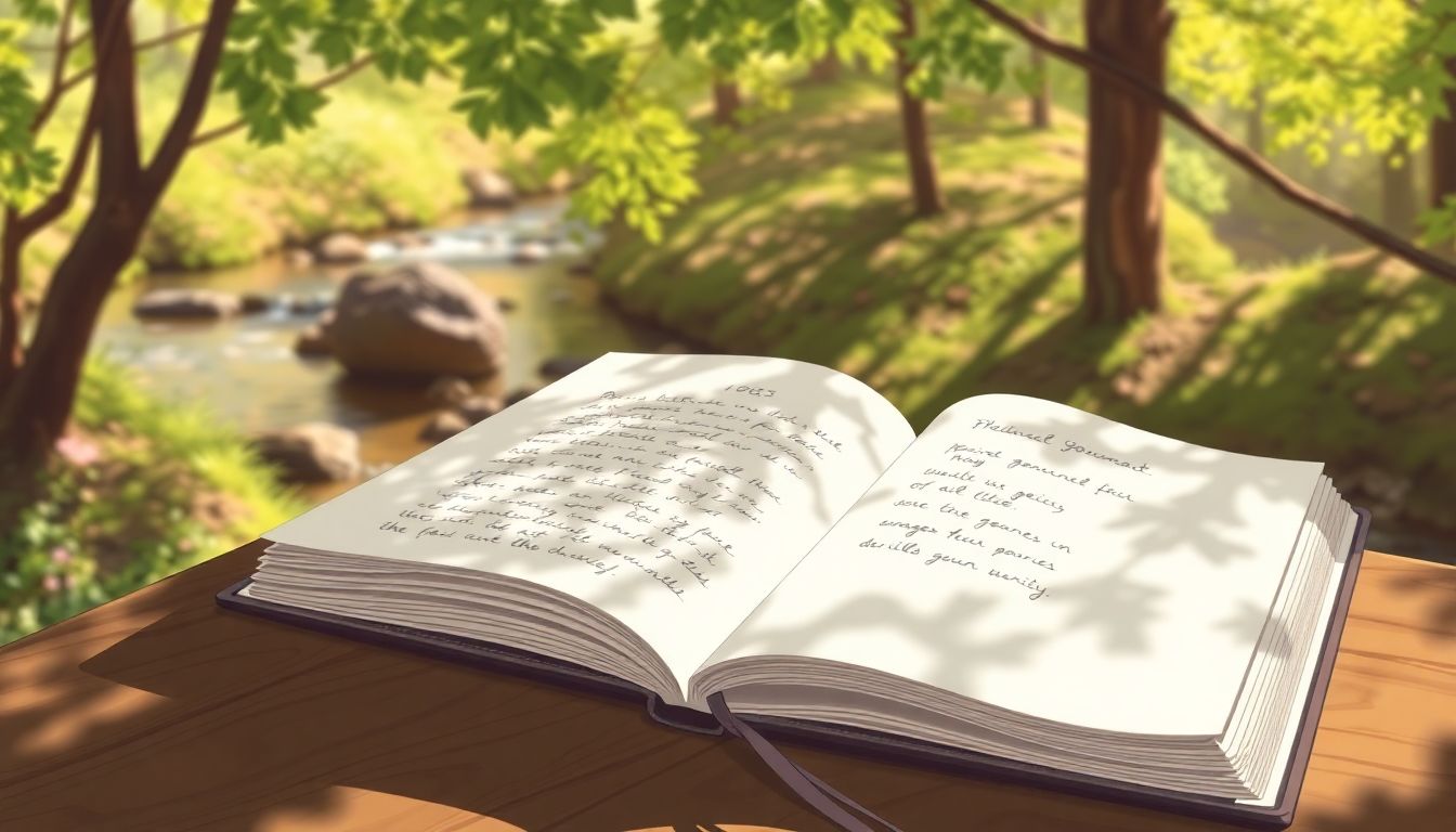 Open journal on table, surrounded by nature.