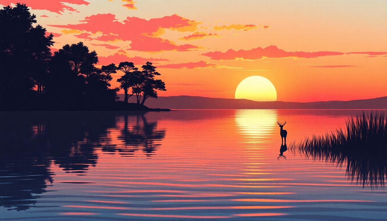 Serene lakeside sunset with animals drinking.